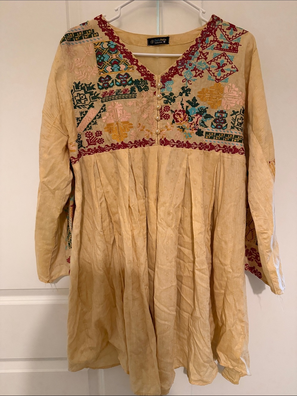 Beige Embroidered V-Neck Women’s Tunic Dress bohemian